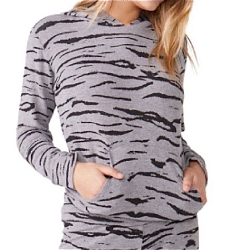 Monrow Gray Heathered Tiger Print Hooded Pullover‎ Size Medium